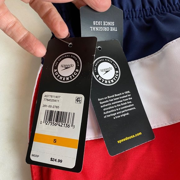 NWT Speedo Swim Trunks stretch, water repellant, UPF, red white blue, 4th july S - Picture 4 of 5